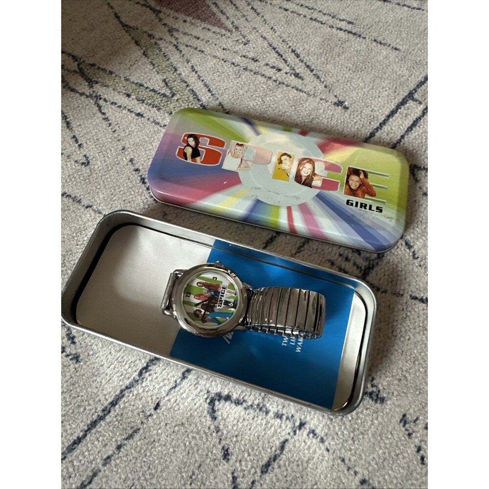 Vintage 1997 Spice Girls Silver Metal Wrist Watch With Tin Case (Not Working)